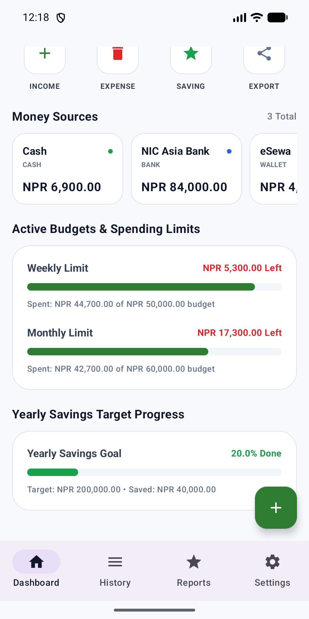 Weekly and monthly spending limits with progress bars, and a yearly savings goal